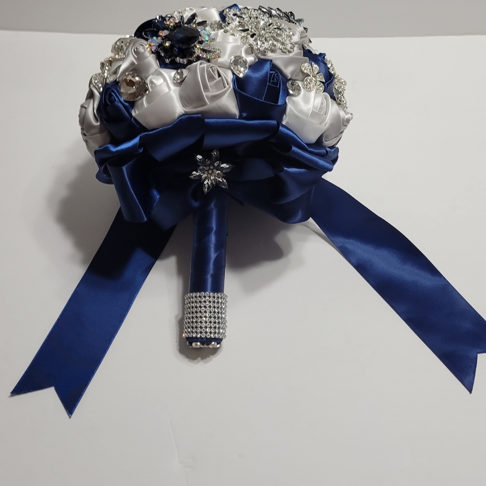 Brooch Bouquet Navy Blue Silver and White
